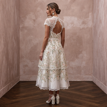 Floral Ivory Embroidered Organza Tea-Length for Garden Party