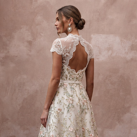 Floral Ivory Embroidered Organza Tea - Length for Garden Party - Apparel & Accessories > Clothing > Wedding & Bridal Party Dresses > Wedding Dresses - Mignonette Bridal