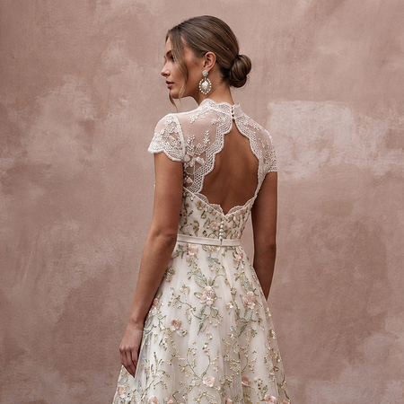 Floral Ivory Embroidered Organza Tea-Length for Garden Party