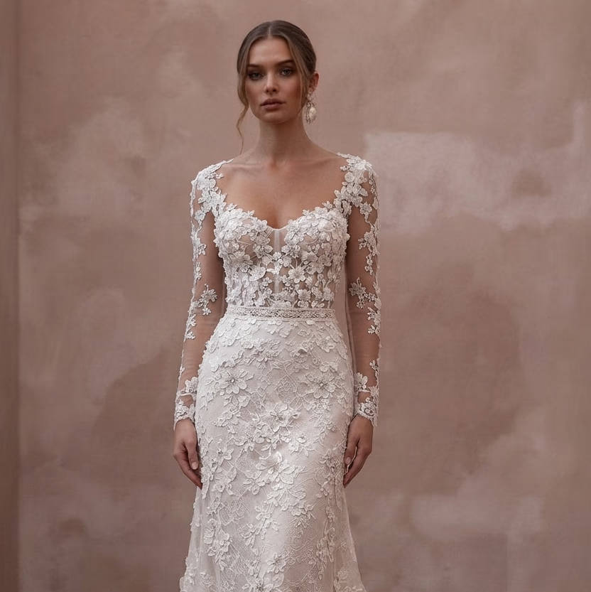 Floral Lace Wedding Dresses with Delicate Appliqué Details - Apparel & Accessories > Clothing > Wedding & Bridal Party Dresses > Wedding Dresses - Mignonette