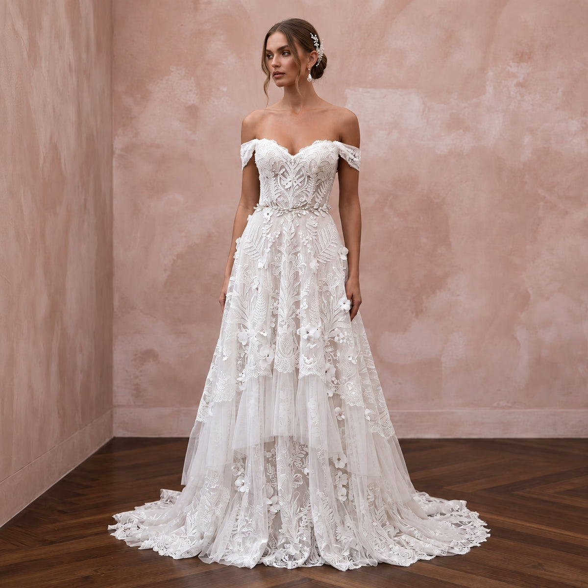 Floral Lace Wedding Dress for a Botanical Garden Ceremony - Apparel & Accessories > Clothing > Wedding & Bridal Party Dresses > Wedding Dresses - Mignonette Bridal Main image
