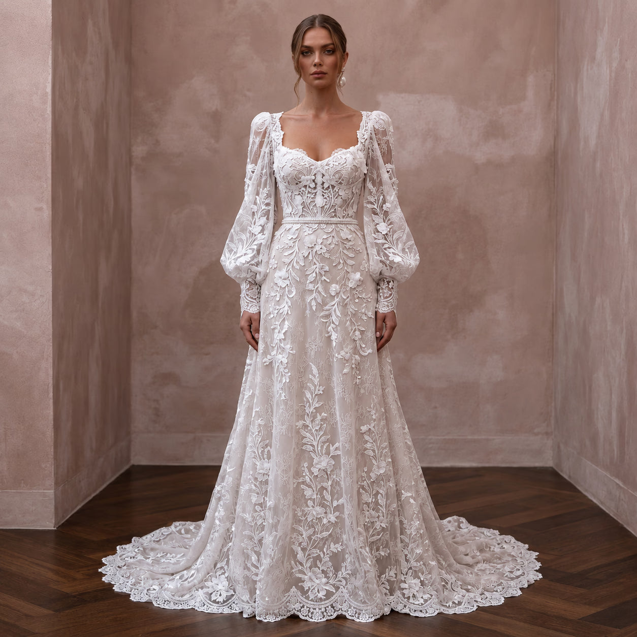 Floral Lace Wedding Dress with Bishop Sleeves for an Outdoor Wedding