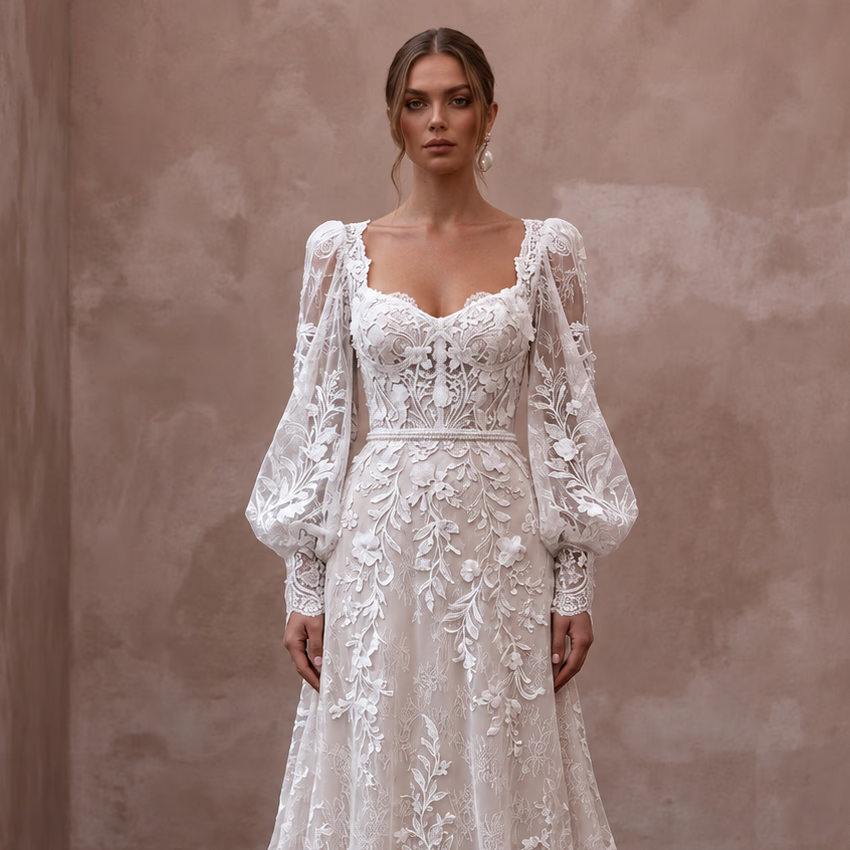 Floral Lace Wedding Dress with Bishop Sleeves for an Outdoor Wedding