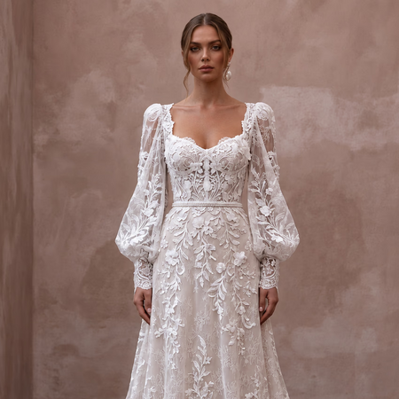 Floral Lace Wedding Dress with Bishop Sleeves for an Outdoor Wedding
