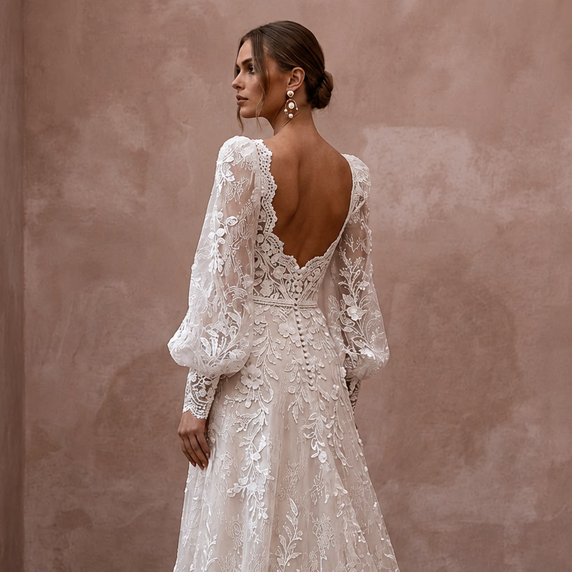 Floral Lace Wedding Dress with Bishop Sleeves for an Outdoor Wedding