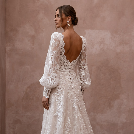 Floral Lace Wedding Dress with Bishop Sleeves for an Outdoor Wedding