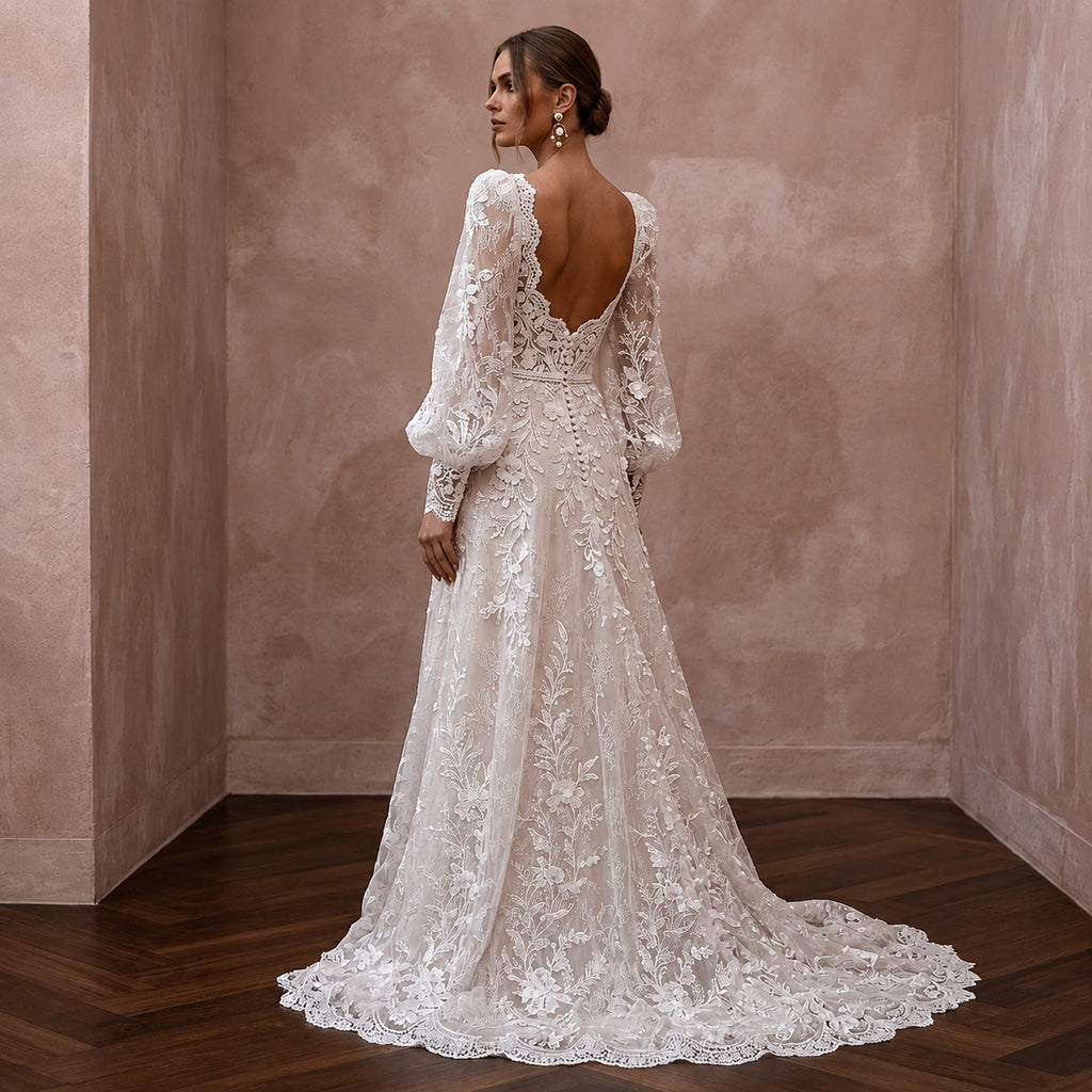 Floral Lace Wedding Dress with Bishop Sleeves for an Outdoor Wedding