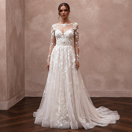 Floral Lace Wedding Dress with Illusion Sleeves for a Romantic Ceremony