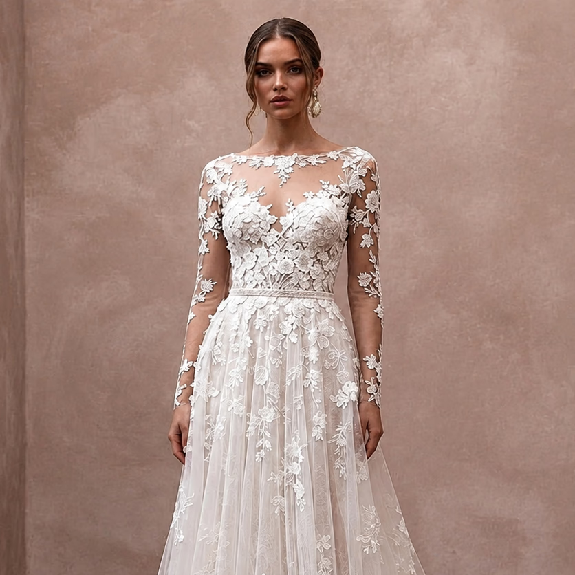 Floral Lace Wedding Dress with Illusion Sleeves for a Romantic Ceremony
