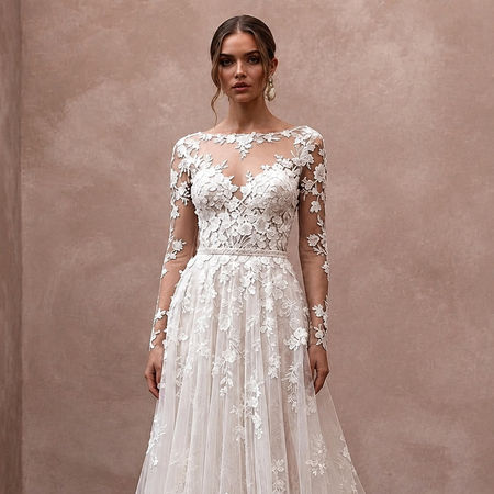 Floral Lace Wedding Dress with Illusion Sleeves for a Romantic Ceremony