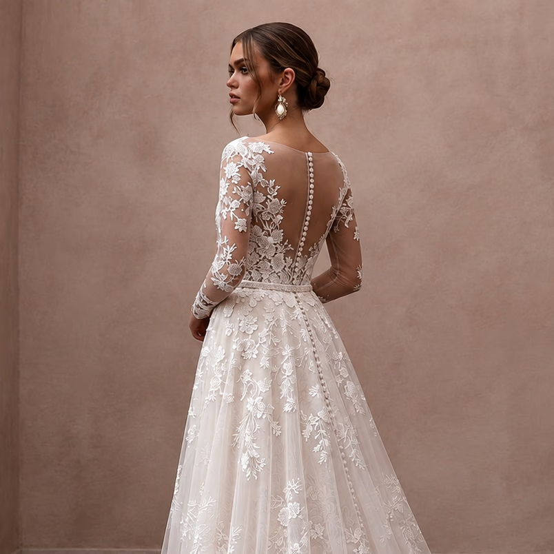 Floral Lace Wedding Dress with Illusion Sleeves for a Romantic Ceremony