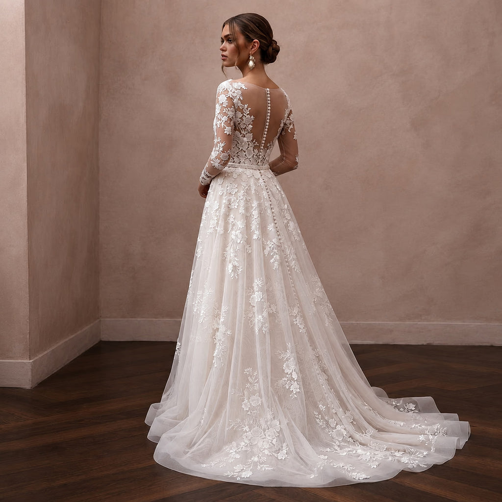 Floral Lace Wedding Dress with Illusion Sleeves for a Romantic Ceremony