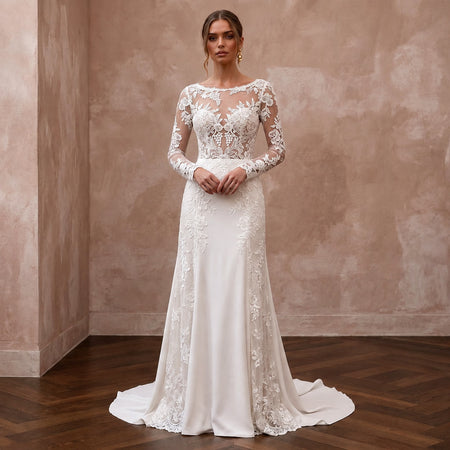 Floral Lace Wedding Dress with Long Sleeves for a Vineyard Ceremony - Apparel & Accessories > Clothing > Wedding & Bridal Party Dresses > Wedding Dresses - Mignonette Bridal