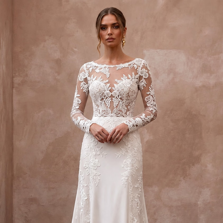 Floral Lace Wedding Dress with Long Sleeves for a Vineyard Ceremony - Apparel & Accessories > Clothing > Wedding & Bridal Party Dresses > Wedding Dresses - Mignonette Bridal