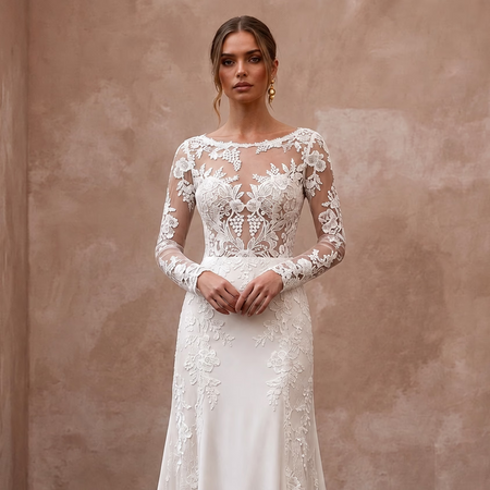 Floral Lace Wedding Dress with Long Sleeves for a Vineyard Ceremony - Apparel & Accessories > Clothing > Wedding & Bridal Party Dresses > Wedding Dresses - Mignonette Bridal