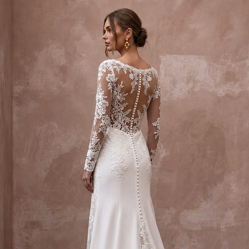 Floral Lace Wedding Dress with Long Sleeves for a Vineyard Ceremony - Apparel & Accessories > Clothing > Wedding & Bridal Party Dresses > Wedding Dresses - Mignonette Bridal