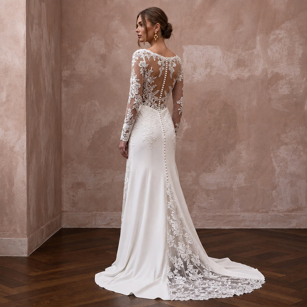 Floral Lace Wedding Dress with Long Sleeves for a Vineyard Ceremony - Apparel & Accessories > Clothing > Wedding & Bridal Party Dresses > Wedding Dresses - Mignonette Bridal