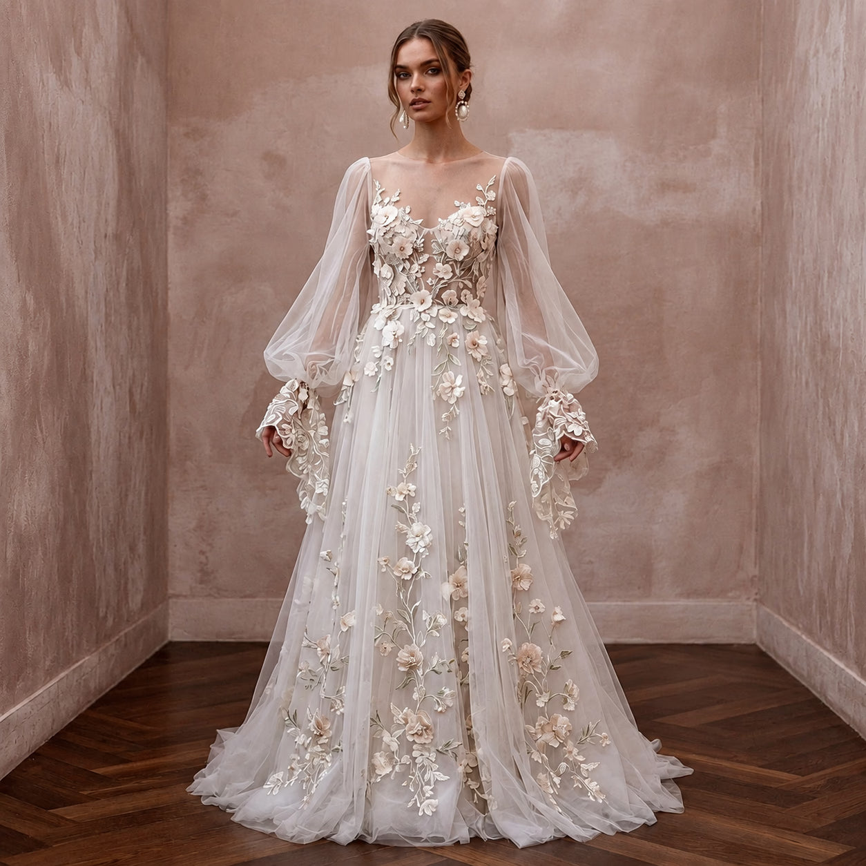 Floral Tulle Wedding Dress with Bell Sleeves for a Garden Reception