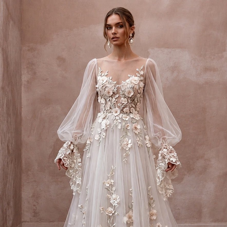 Floral Tulle Wedding Dress with Bell Sleeves for a Garden Reception