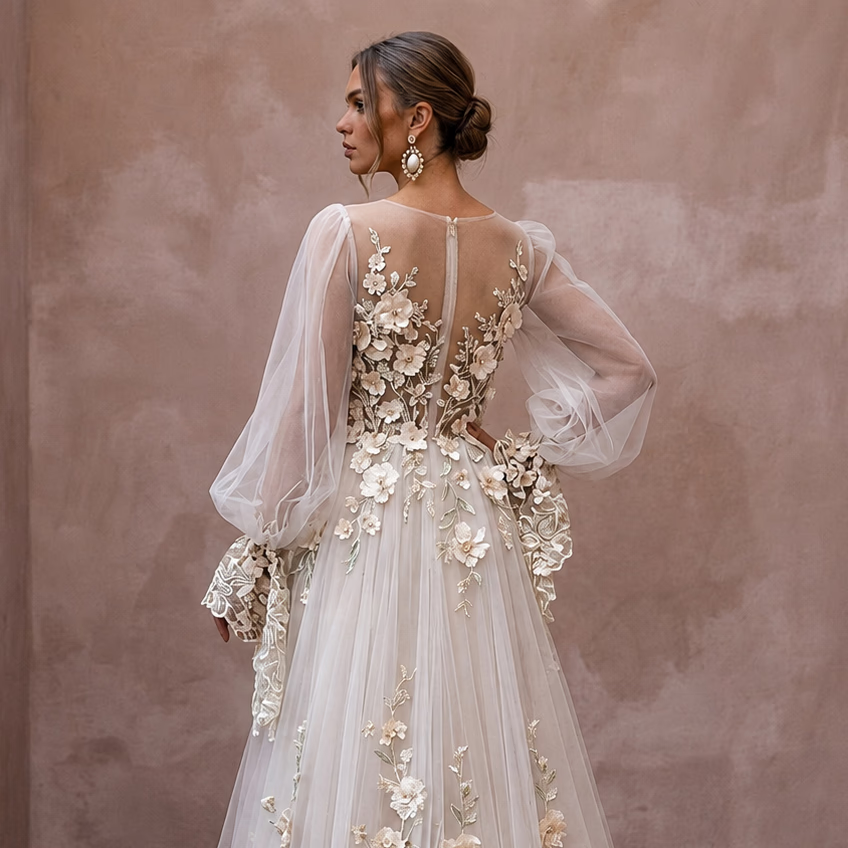 Floral Tulle Wedding Dress with Bell Sleeves for a Garden Reception