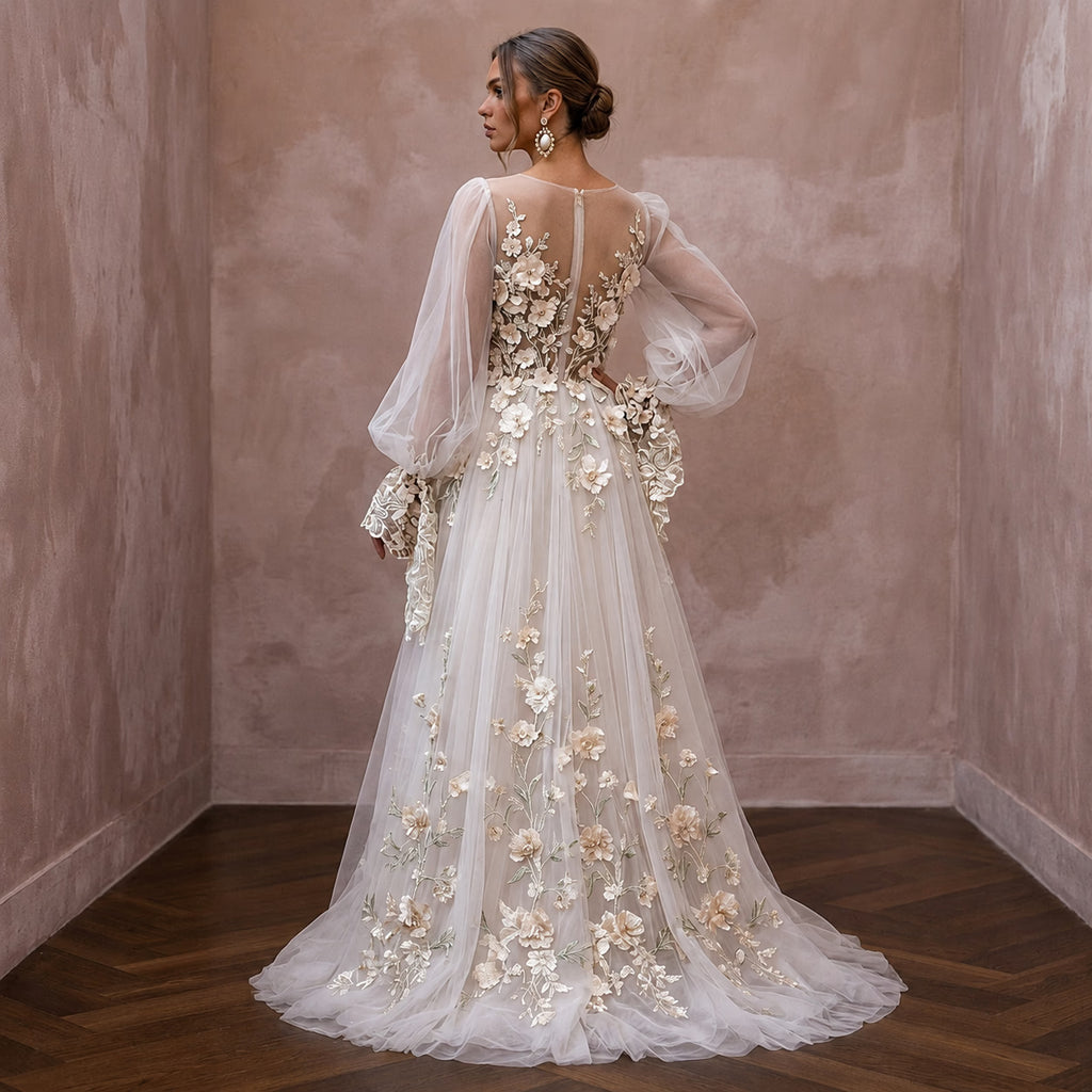 Floral Tulle Wedding Dress with Bell Sleeves for a Garden Reception