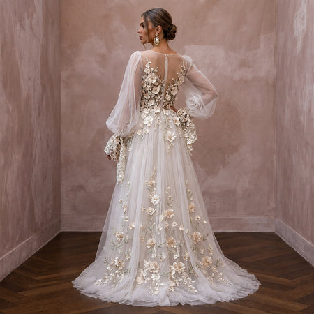 Floral Tulle Wedding Dress with Bell Sleeves for a Garden Reception