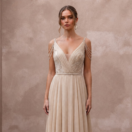 Flowing Champagne Pleated Chiffon Gown for Seaside Ceremony - Apparel & Accessories > Clothing > Wedding & Bridal Party Dresses > Wedding Dresses - Mignonette Bridal