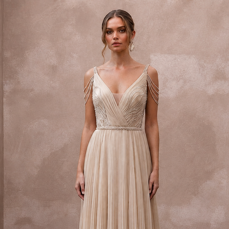Flowing Champagne Pleated Chiffon Gown for Seaside Ceremony