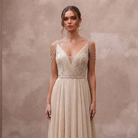 Flowing Champagne Pleated Chiffon Gown for Seaside Ceremony