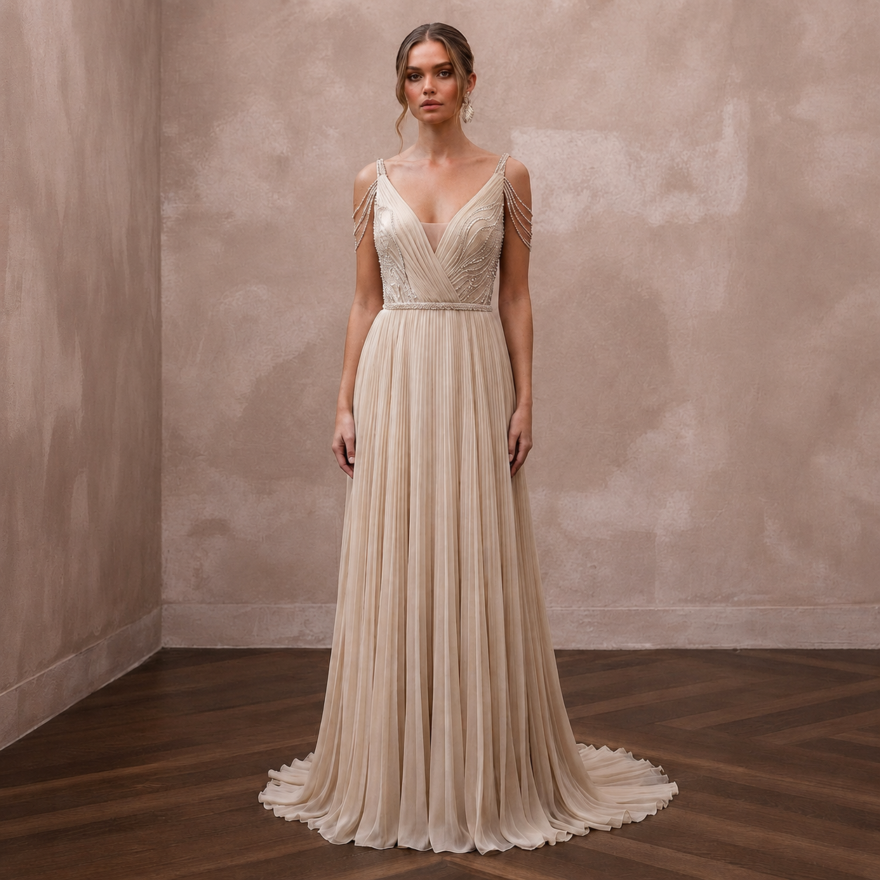 Flowing Champagne Pleated Chiffon Gown for Seaside Ceremony