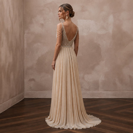 Flowing Champagne Pleated Chiffon Gown for Seaside Ceremony - Apparel & Accessories > Clothing > Wedding & Bridal Party Dresses > Wedding Dresses - Mignonette Bridal