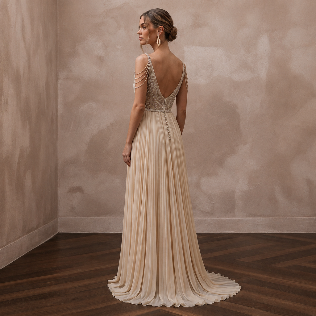 Flowing Champagne Pleated Chiffon Gown for Seaside Ceremony