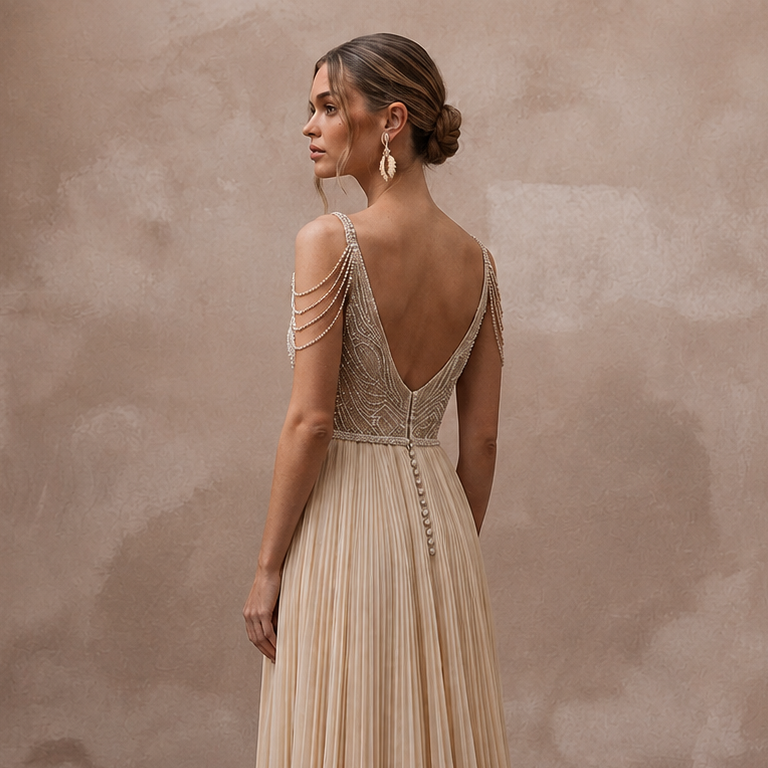 Flowing Champagne Pleated Chiffon Gown for Seaside Ceremony