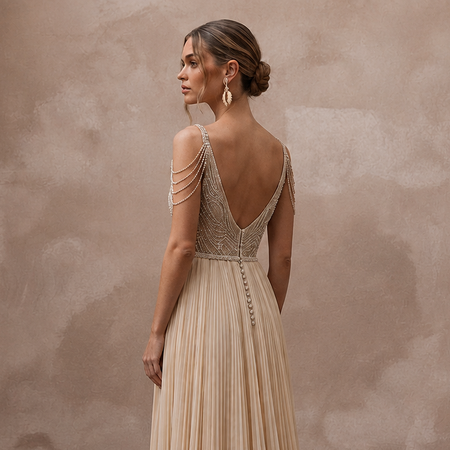 Flowing Champagne Pleated Chiffon Gown for Seaside Ceremony