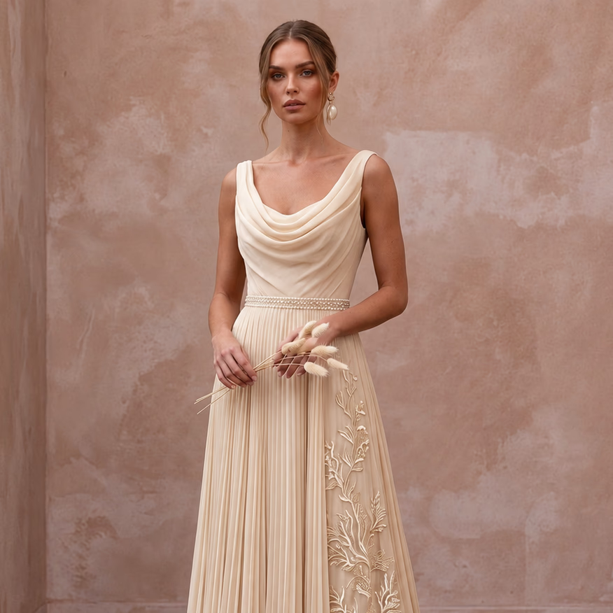 Flowing Champagne Pleated Chiffon Wedding Gown for Seaside Ceremony