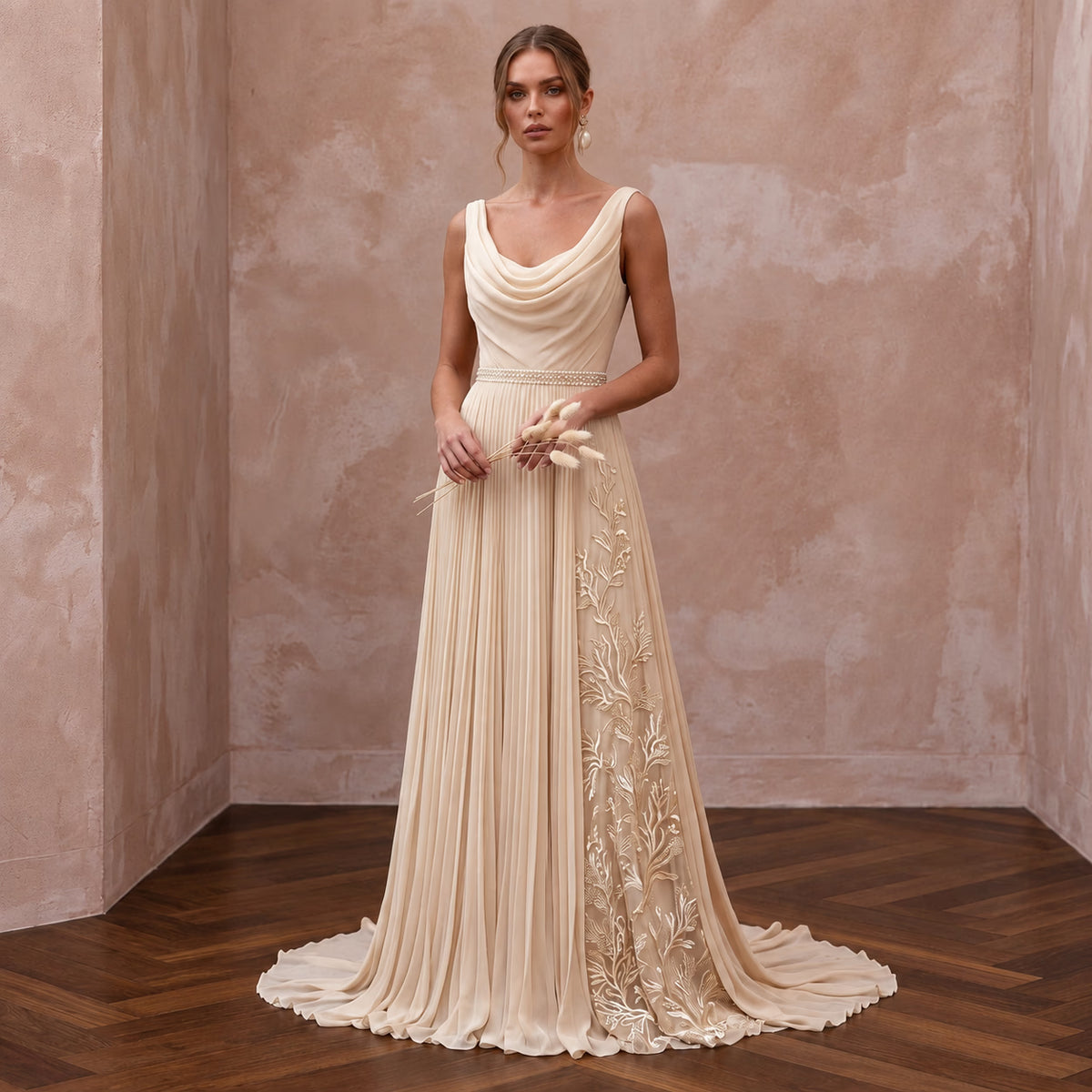 Flowing Champagne Pleated Chiffon Wedding Gown for Seaside Ceremony Main image