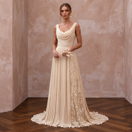 Flowing Champagne Pleated Chiffon Wedding Gown for Seaside Ceremony