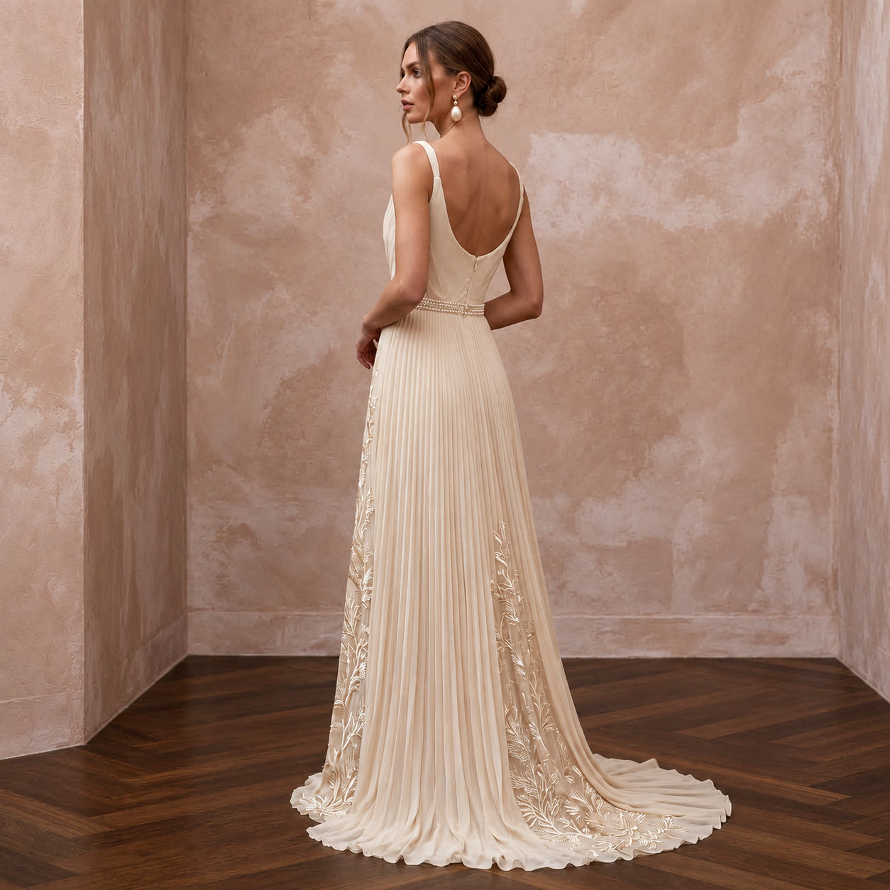 Flowing Champagne Pleated Chiffon Wedding Gown for Seaside Ceremony Secondary image