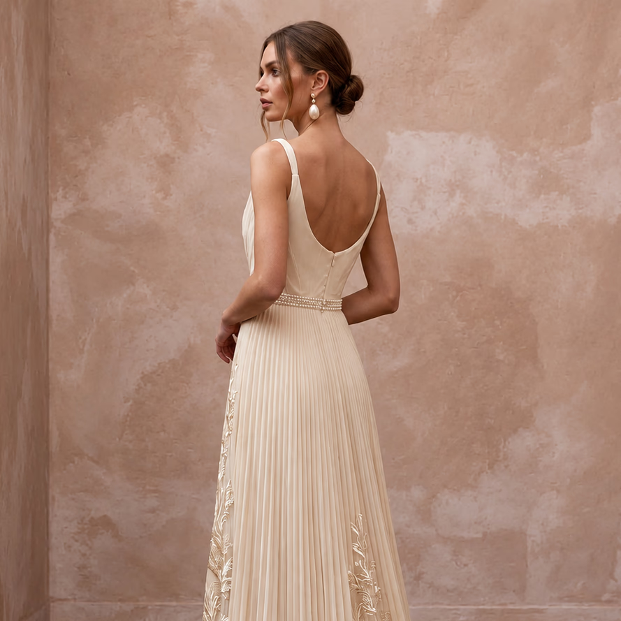 Flowing Champagne Pleated Chiffon Wedding Gown for Seaside Ceremony