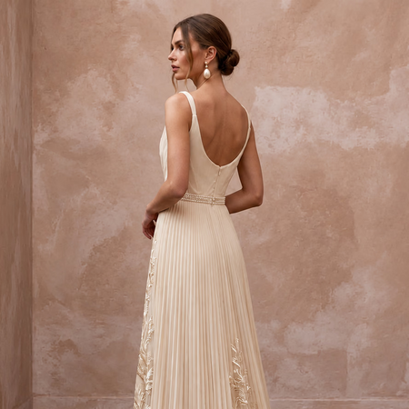 Flowing Champagne Pleated Chiffon Wedding Gown for Seaside Ceremony