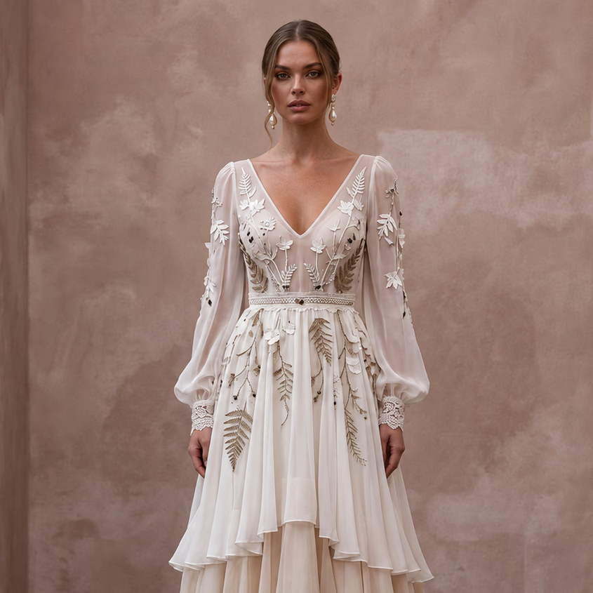 Flowing Chiffon Bridal Dress for a Rustic Mountain Wedding