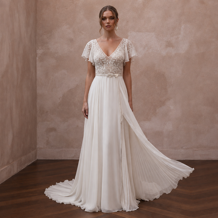 Flowing Chiffon Wedding Gown for a Mediterranean Destination Wedding