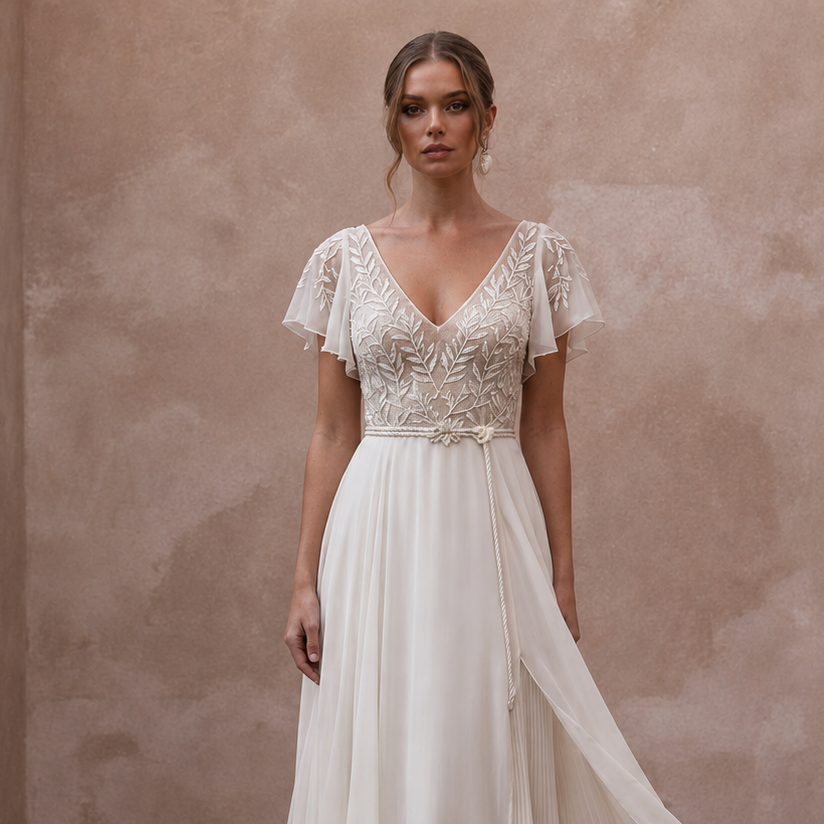 Flowing Chiffon Wedding Gown for a Mediterranean Destination Wedding