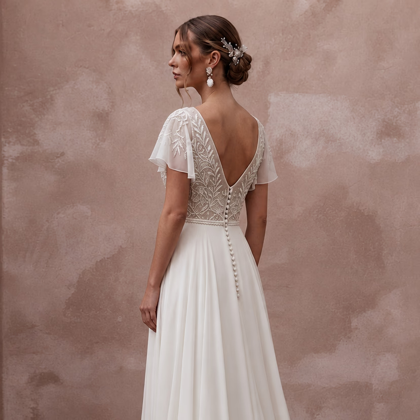 Flowing Chiffon Wedding Gown for a Mediterranean Destination Wedding - Apparel & Accessories > Clothing > Wedding & Bridal Party Dresses > Wedding Dresses - Mignonette Bridal
