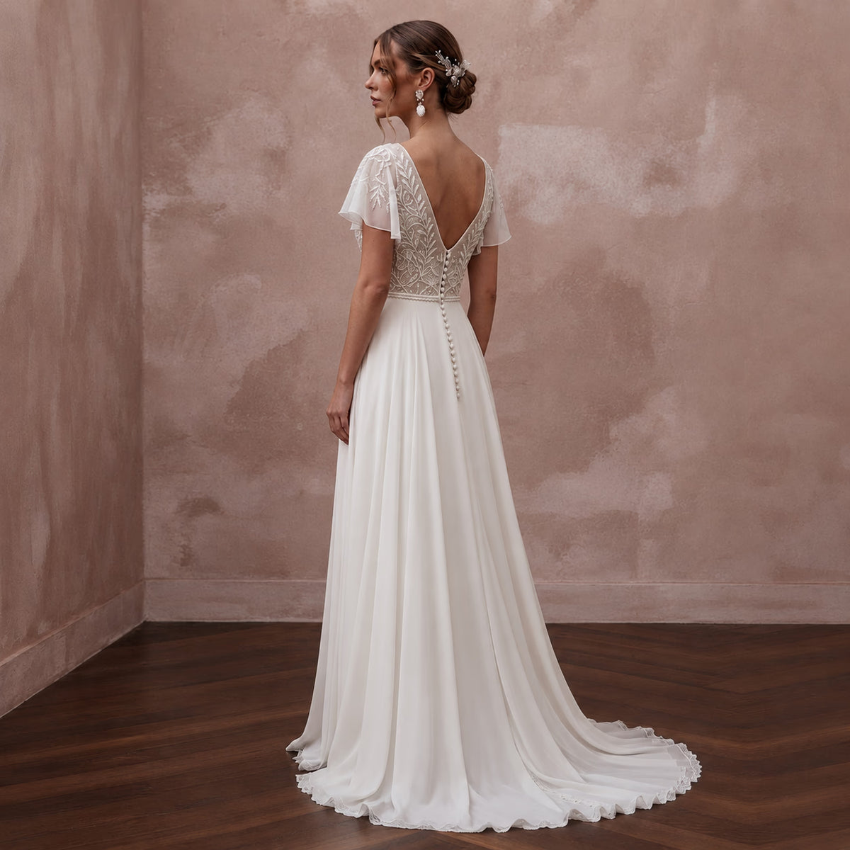 Flowing Chiffon Wedding Gown for a Mediterranean Destination Wedding - Apparel & Accessories > Clothing > Wedding & Bridal Party Dresses > Wedding Dresses - Mignonette Bridal