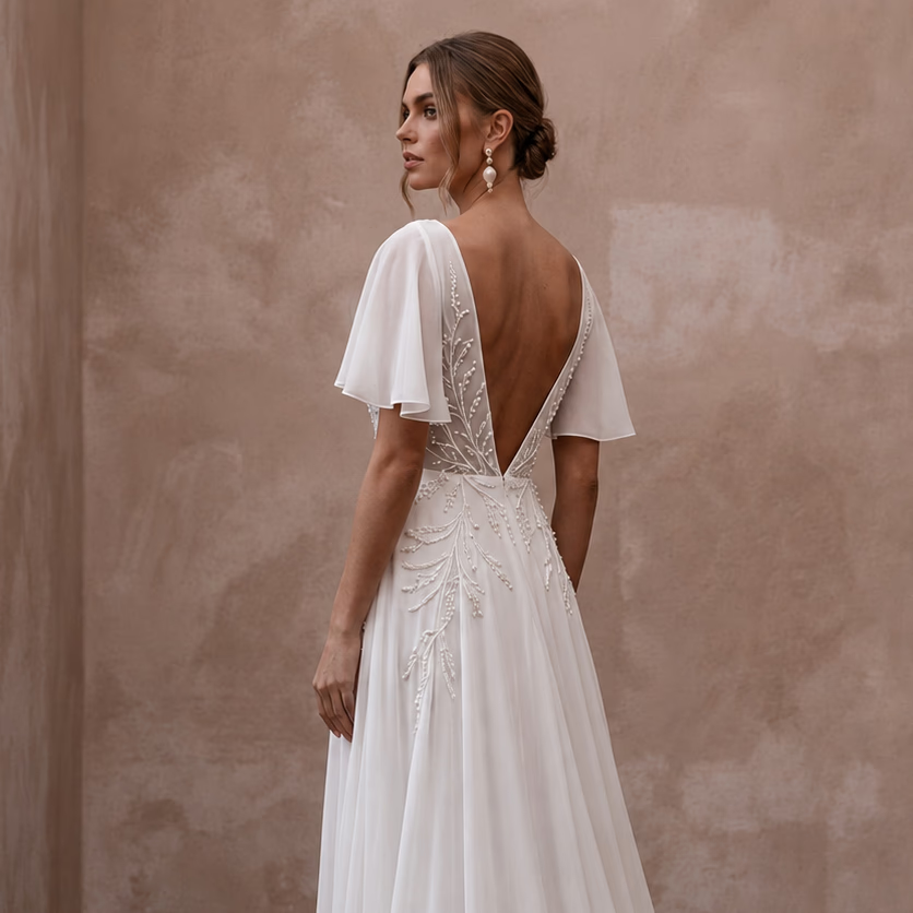 Flowing Chiffon Wedding Gown for a Romantic Elopement - Apparel & Accessories > Clothing > Wedding & Bridal Party Dresses > Wedding Dresses - Mignonette Bridal