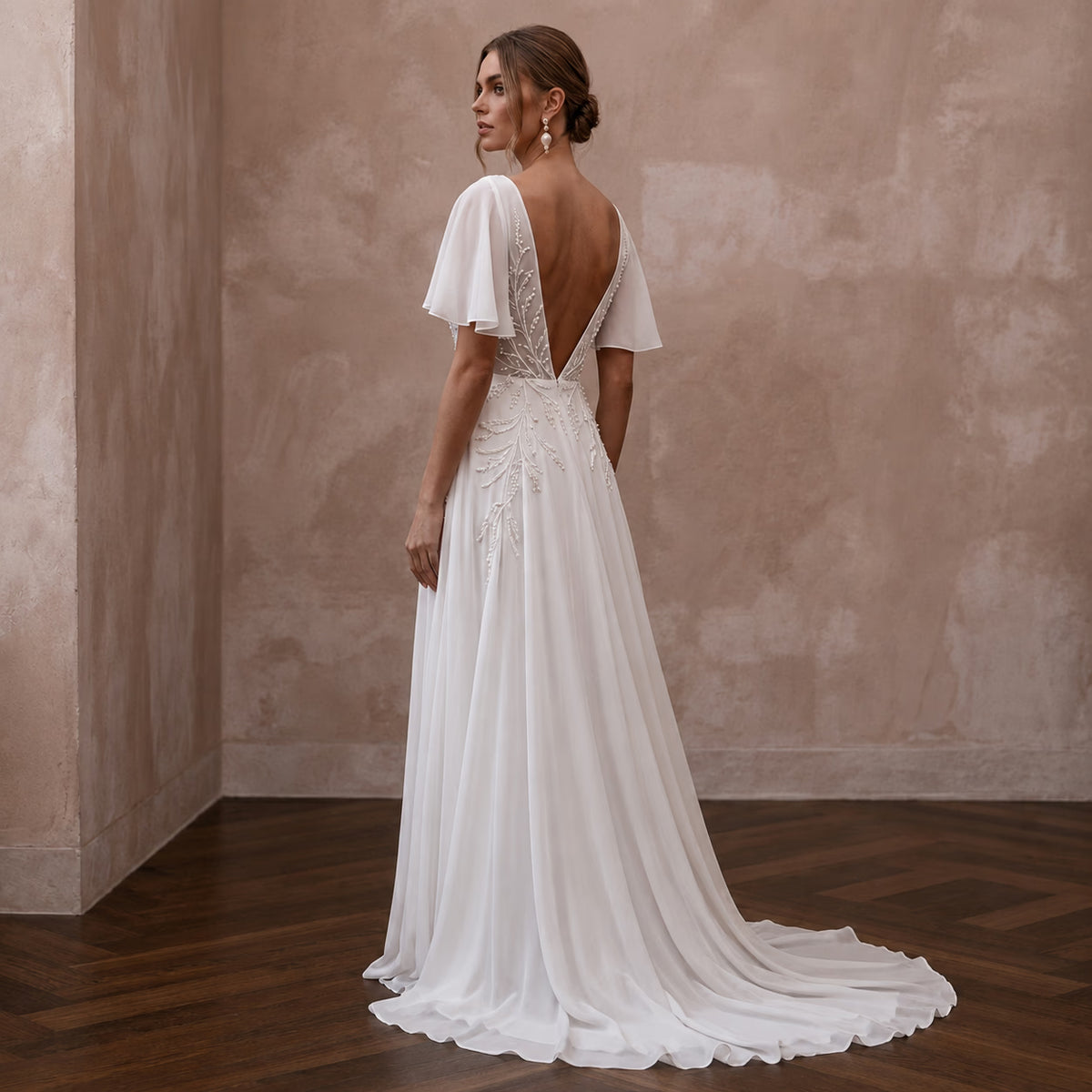 Flowing Chiffon Wedding Gown for a Romantic Elopement - Apparel & Accessories > Clothing > Wedding & Bridal Party Dresses > Wedding Dresses - Mignonette Bridal