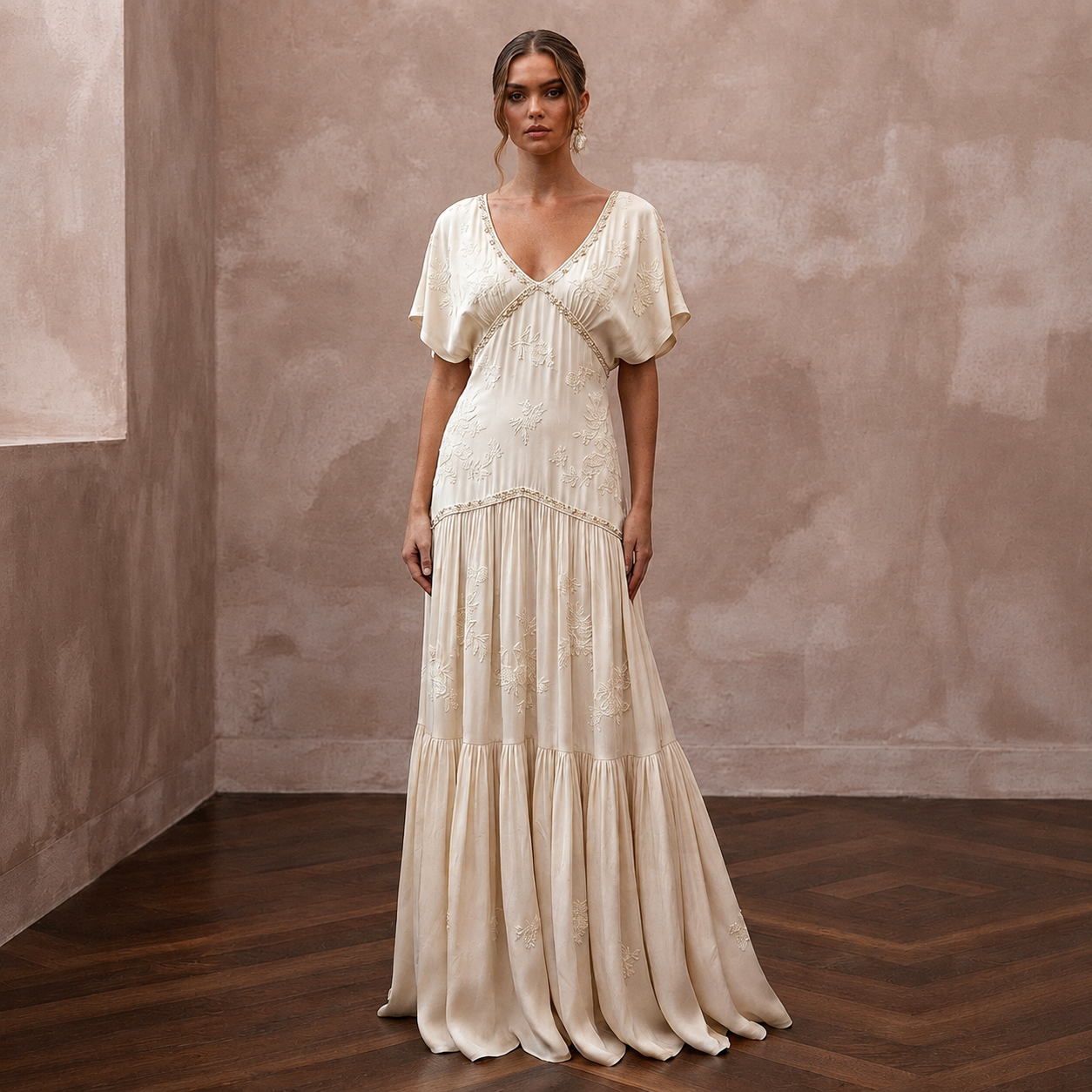 Flowing Cream Cupro Boho Dress for Intimate Rehearsal Dinner