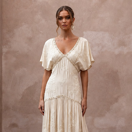 Flowing Cream Cupro Boho Dress for Intimate Rehearsal Dinner - Apparel & Accessories > Clothing > Wedding & Bridal Party Dresses > Wedding Dresses - Mignonette Bridal