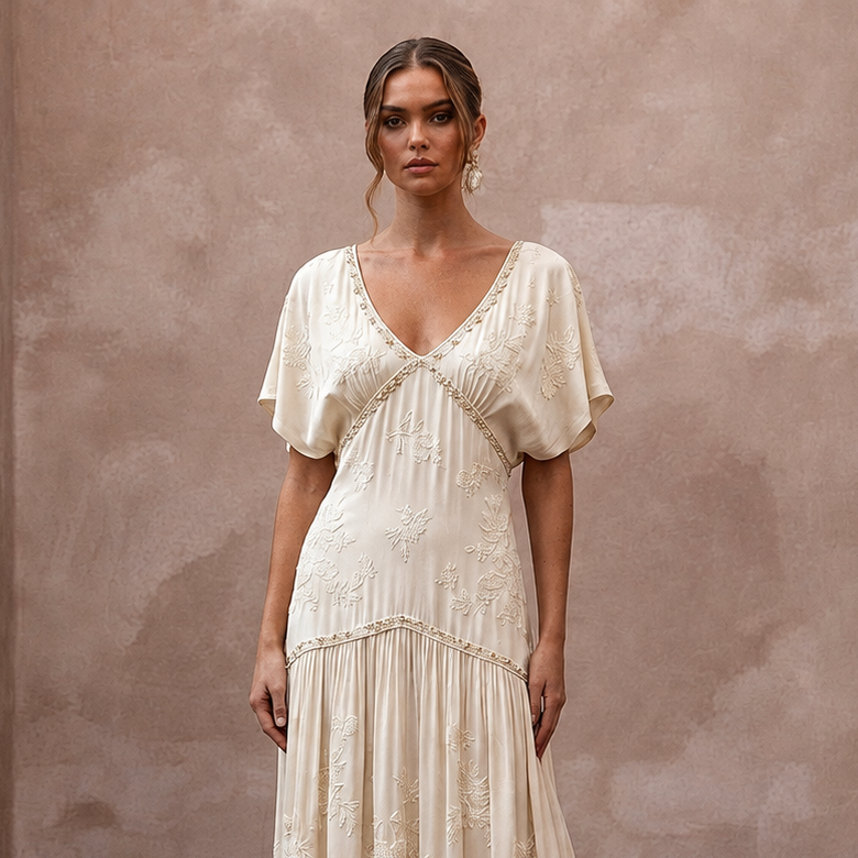 Flowing Cream Cupro Boho Dress for Intimate Rehearsal Dinner